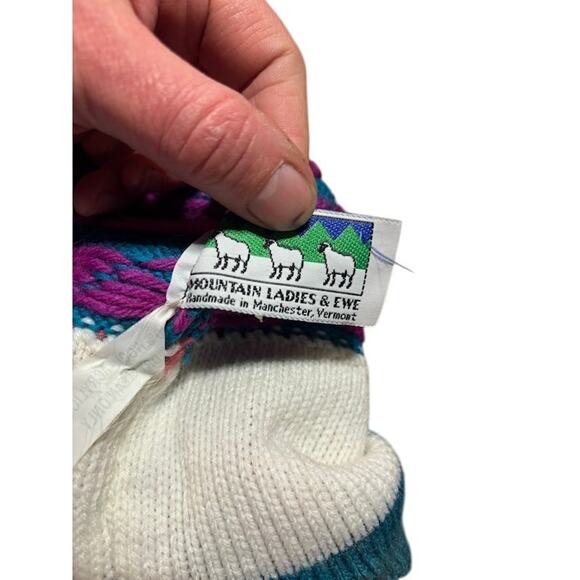 Vintage VTG ski hat wool beanie winter snow turquoise pink and purple made in VT - Picture 5 of 6